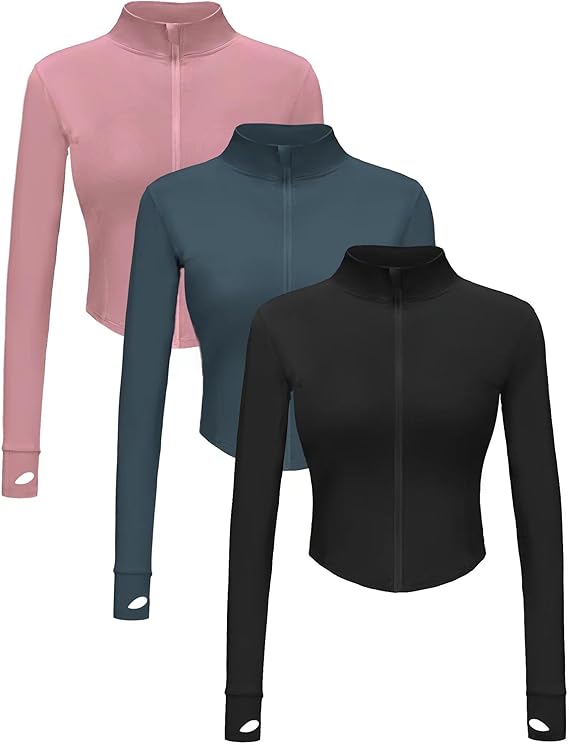 3 Pack Womens Cropped Full Zip up Workout Jacket